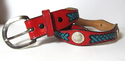 Nocona Western SZ 23 Belt Youth Kids Scalloped Red Leather Silver Tone Conchos • $13.50