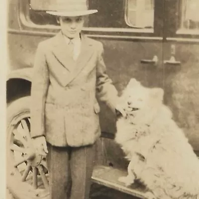 Vintage Snapshot Photo Young Man Fluffy White Dog Antique Car Wooden Spoke Wheel • $4.20