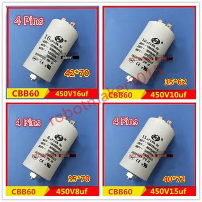 CBB60 5uf 8uf 10uf 12uf 14uf 15uf 16uf 18uf 450VAC Capacitor 4 PINS Screws  • $6.89