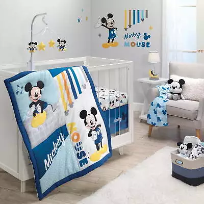 3-PC Crib Bedding Set Mickey Mouse Blue Nursery Baby Quilt Blanket Sheet Skirt • $123.92