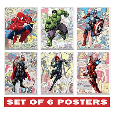 Marvel Comics Character Posters Set Of 6 - The Avengers Room Wall Decor • £79.99