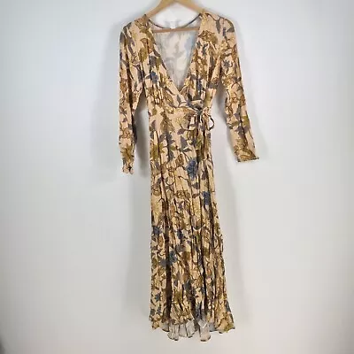Tigerlily Womens Wrap Dress Size 8 Maxi Beige Floral Long Sleeve 080353 • $59.95