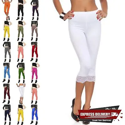 Ladies Women Lace Trim 3/4 Length Pant Jog Jogging Gym Workout Jeggings Leggings • £2.99