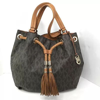 Michael Kors Brown/Tan Signature Coated Leather Jet Set Drawstring Bag Large • $74.99