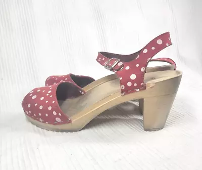 Maguba Clogs Red Polka Dot Leather Heels 40 9 9.5 Retro Pinup Style Broken In   • $49