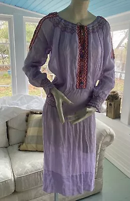 Vintage 1920 Hungarian Sheer Gauze Dress In Lavender With Smocking & Embroidery • $225