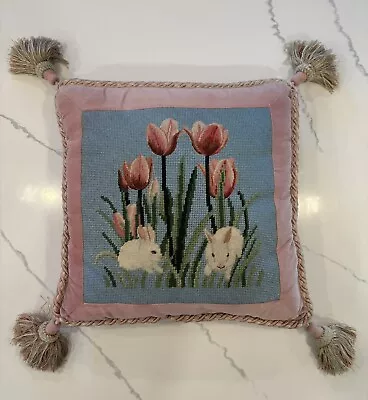 Vintage Needlepoint Pillow - Rabbits & Tulips - Rope Edge  & Tassels  • $24.85