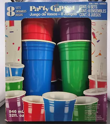 New/Sealed Set Of 8 Jumbo Double Wall Insulated 32oz Reusable Party Cups NIB • $29.99