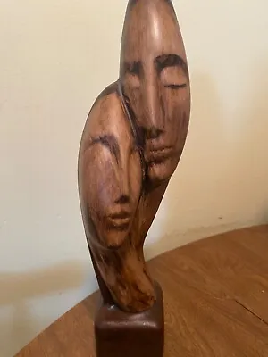 Vintage Ceramic Sculpture  Devotion  Two People Abstract Heads Faux Wood • £19.95