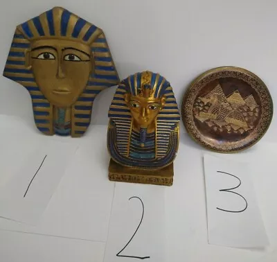 Golden Cobra Pharaoh Egyptian King Tut Bust Head Metal Plate Lot Of 3 Pcs • $43.77