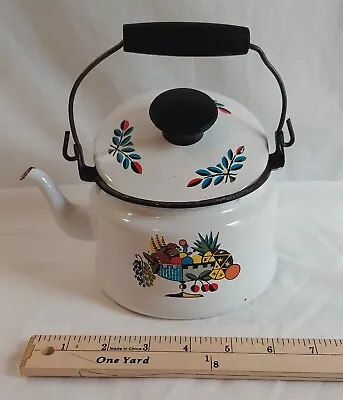Vintage Tea Kettle Enamelware White With Fruit Design Wooden Handle MCM Small • £24.12