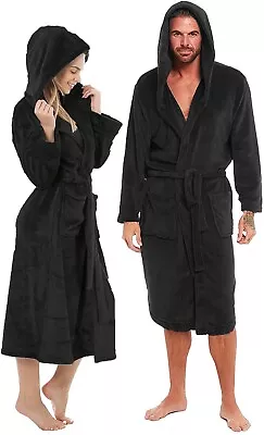 Plus Size Black Warm Fleece Dressing Gown Hooded Bath Robe Unisex Womens Mens • £14.36