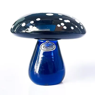 Rainbow Viking Glass Cobalt Blue White Spots Mushroom Figurine Paperweight • $138.99