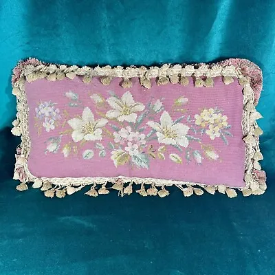 Needlepoint Pillow Large Rectangular Floral & Pink Vintage With Fringe & Tassels • $40