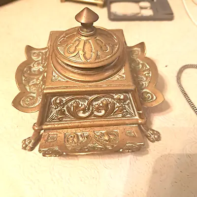 Vintage Brass  Ornate Footed Desk Inkwell Etched Unique Design 4 Sided Pen Trays • $43.95