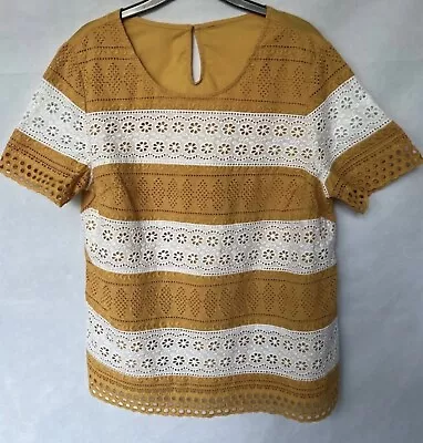 Women's Size Uk12 Mustard & White Colour Lace Front Short Sleeve Top • £5.25