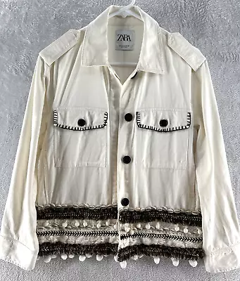 ZARA Ecru COMBINED JACKET WITH SEASHELLS Pompom Long Sleeve Size M O2812 • $36.95