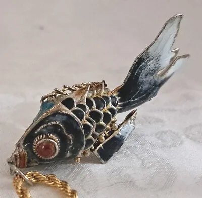 Vintage Chinese Cloisonne Enamel GP Reticulated Khoi Fish Pendant Necklace 3 X2  • $14.83