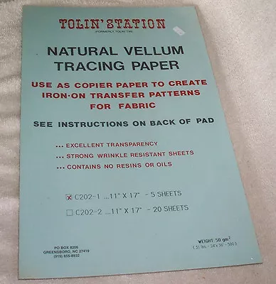 Large Natural Vellum Tacing Paper Tolin' Station 2 Packs 5 Sheets Each 11  X 17  • $3.95