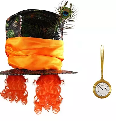 Deluxe Mad Hatter Top Hat Orange Wig Hair Fancy Dress Costume Inflatable Clock  • £11.95