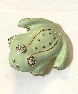 Vintage Estate Mint Green Gold Outline Enamel Frog Rhinestone Eyes Brooch Pin • $4.80