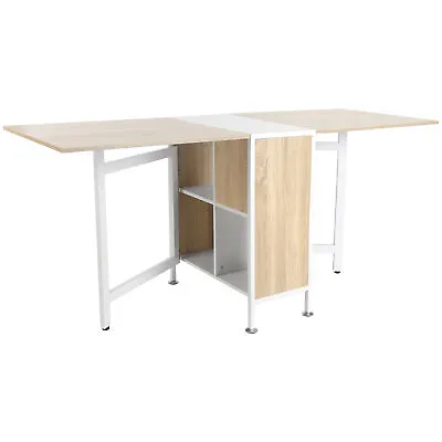 HOMCOM Folding Table Computer Desk With Storage Shelves Oak White Home Office • £119.99