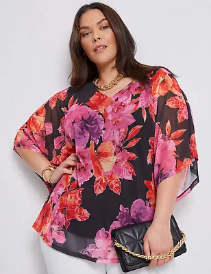 BNWT Autograph Size L Black Bright Floral Mesh Kaftan Top Ladies Plus Sz 20 - 22 • $19.99