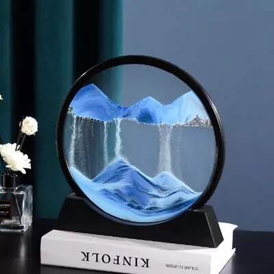 7 Inch Blue Black Glass Round Framed Moving Sand Landscape Picture Desk Decor • $26.88