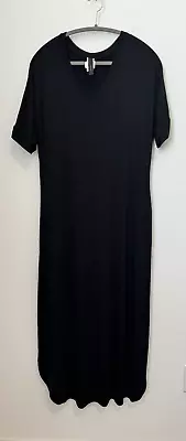 Yahada Women's Short Sleeve Midi Maxi Dress Solid Black Side Slits Pockets Large • $14.98