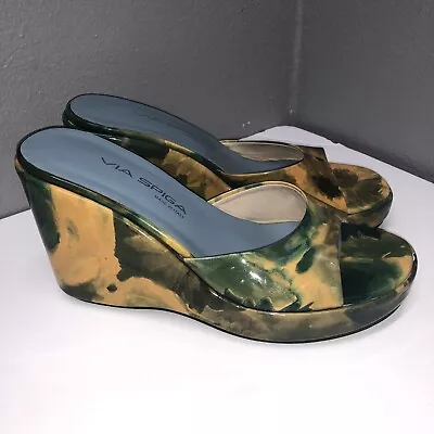 Via Spiga Italy Gold Blue Green Watercolor Floral Wedge Slides Slip On Sandals 8 • $13.95