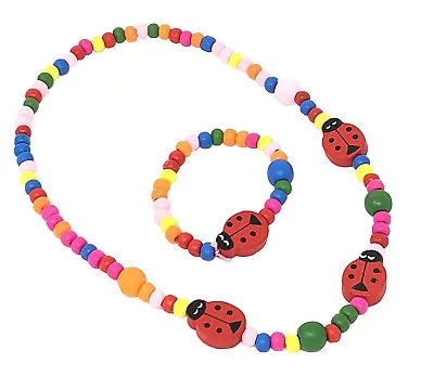 Girls Children Wooden Ladybird Necklace And Bracelet Set Stretchy Jewellery Kids • £3.55