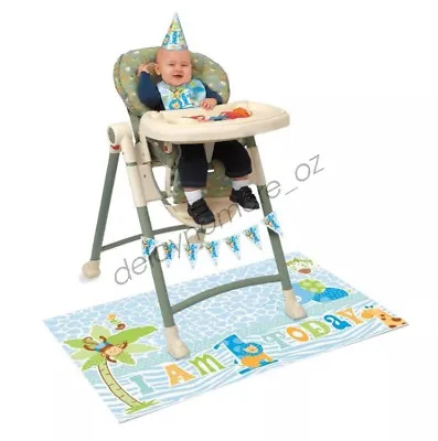 Boy 1st Birthday High Chair Kit Safari Jungle Party Hat Flags First Decoration • $8.50