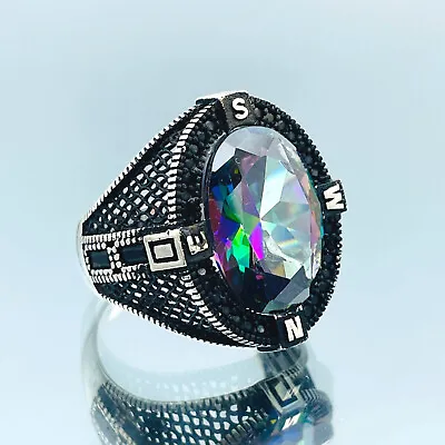 Men's Mystic Topaz Stone Ring Compass Black Plated 925 Sterling Silver Ring Gift • $52