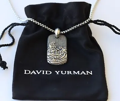 $395 • Buy David Yurman Sterling Silver 2.7mm Box Chain Necklace W/ Waves Dog Tag Pendant