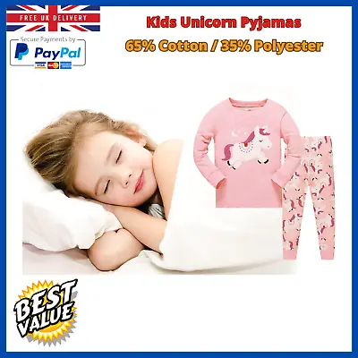 Girls Unicorn Pyjama Set Kids New Long Sleeve Full Length PJs Age 3 - 7 Years • £7.99