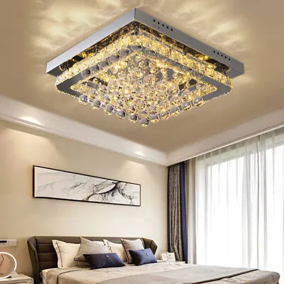 Square LED Chandelier Ceiling Lamp Dimmable Crystal Ceiling Light With Remote • £65.95