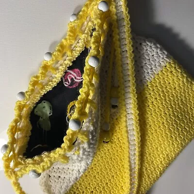 HOOKYLOOPS Hand Crochet Purse Tote XBODY Yellow White Guitar Music Rev Beads Lg • $34.95