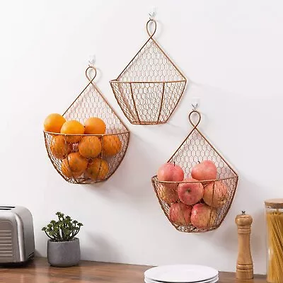 Copper Metal Chicken Wire Wall Hanging Produce Fruit Organizer Baskets Set Of 3 • $51.99