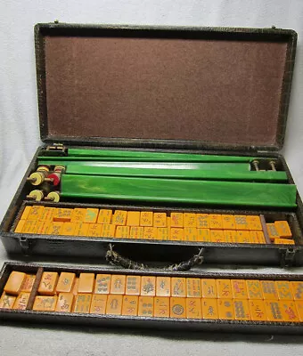 Vintage BAKELITE Resin MAH JONG SET. 153 Amber Tiles. GREEN Marblette RACKS • $399.95