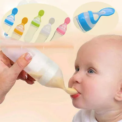 Baby Silicone Squeeze Feeding Bottle With Spoon Food Rice Cereal Feeder • £3.39