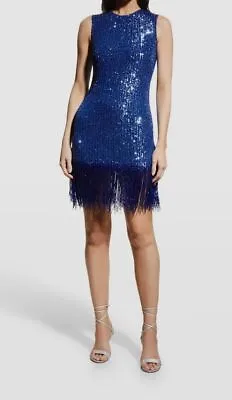 $2495 Naeem Khan Women's Blue Beaded-Fringe Sequin Mini Dress Size 2 • $798.78