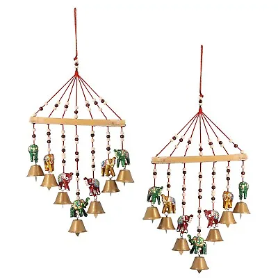 Set Of 2 Handcrafted Wooden Elephant Wind Chime Big Iron Bell Noise Maker Gifts • $22.38