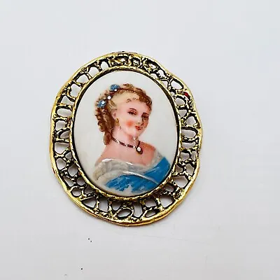 Vintage LIMOGES France Hand Painted Porcelain Lady Portrait PIN Brooch 2  * 2.7  • £18.27