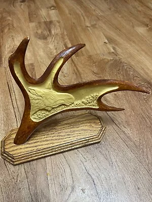Authentic Antler With Painted Moose Carving On Wooden Base • $50