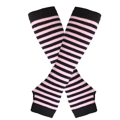 Women's Long Fingerless Knit Striped Arm Gloves Elbow Sleeves In Pink And Black  • £7.71