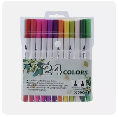 £6.99 • Buy 24 Colour Watercolour Brush Pens Set Dual Tips Soft Fine Art Markers Drawing