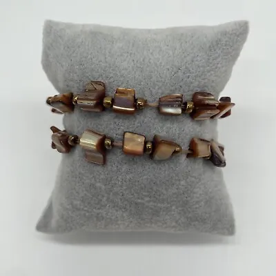 Beaded Bracelet Brown Abalone Nugget Stretch Beach Summer Jewelry 6  Set Of 2 • $4.49