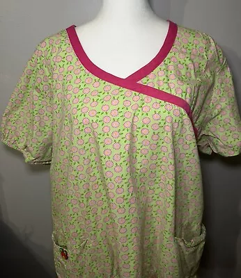 Mary Engelbreit Scrub Top Womens XL Floral And Fruit Pink Green Yellow • $14.97