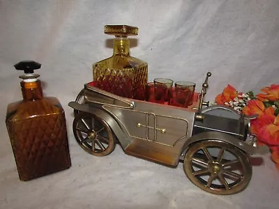 Vtg 1971 Metal Liquor Car Decanter Music Box W 2 Decanters & 4 Shot Glasses  • $43.99