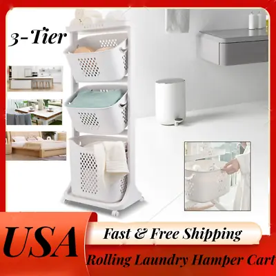 $76.35 • Buy 3 Tier Laundry Hamper Basket Sorter Clothes Storage Organizer Shelf Rolling Cart